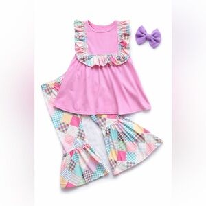 NWT Wellie Kate Pink Patchwork Bell Pant Set - Size 10-12T